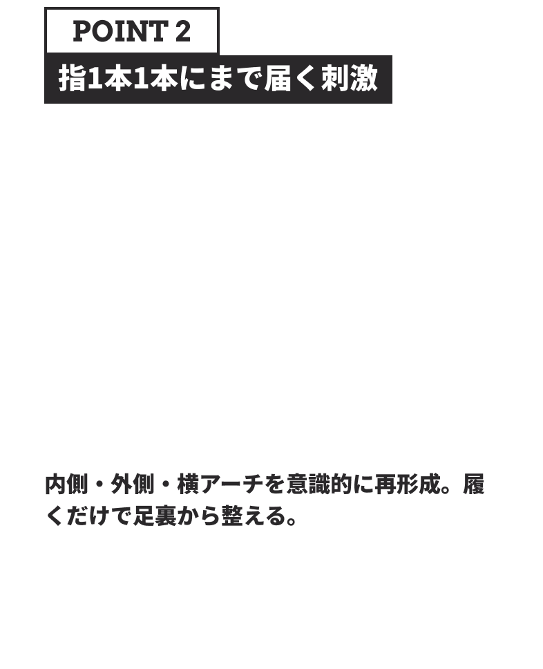 POINT2 指1本1本にまで届く刺激 内側・外側・横アーチを意識的に再形成。履くだけで足裏から整える。